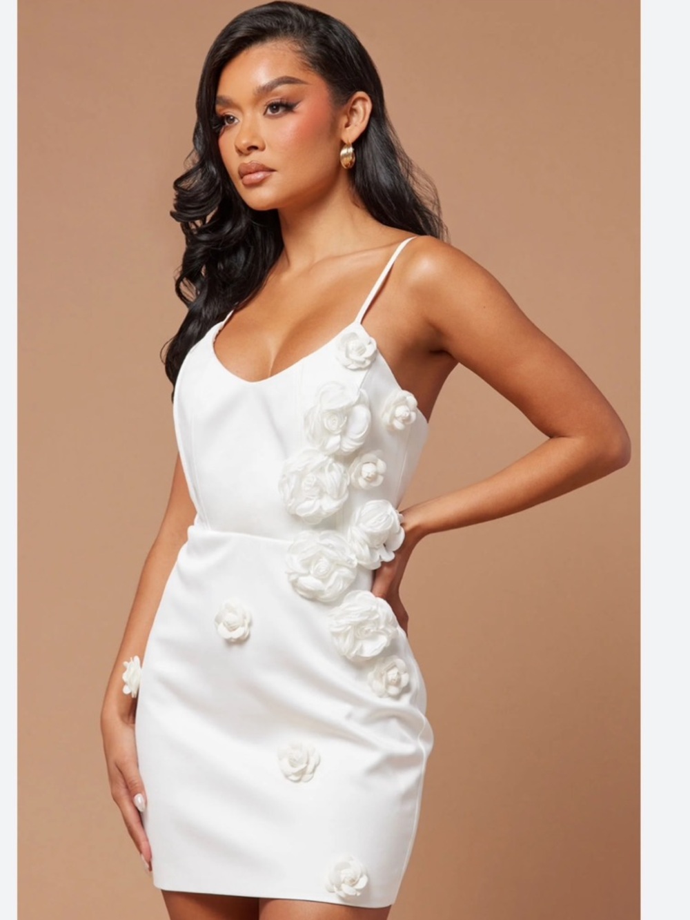 Nova Luxe white satin mini dress w/ floral details and spaghetti straps, S